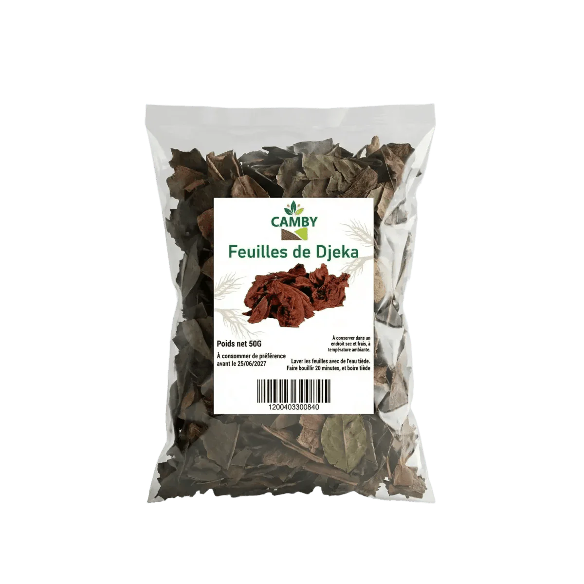 Djeka CAMBY-bladeren in zak: close-up van gedroogde bladeren.