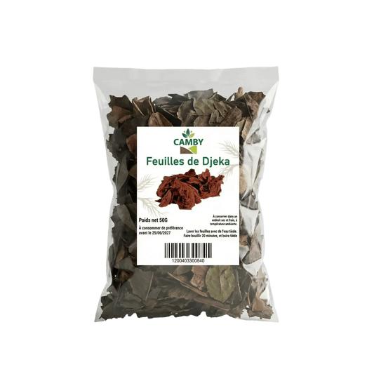 Djeka CAMBY-bladeren in zak: close-up van gedroogde bladeren.