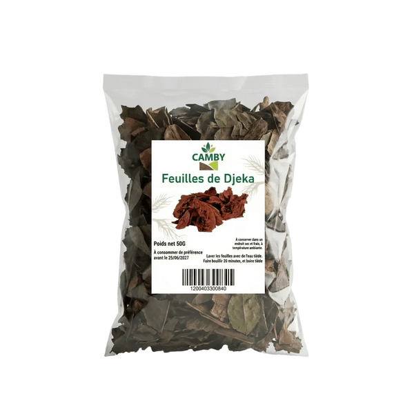 Feuilles de Djeka CAMBY en sachet : vue rapprochée de feuilles séchées.