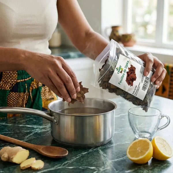 Feuilles de Djeka CAMBY. Préparation d'une infusion avec du gingembre, du citron.
