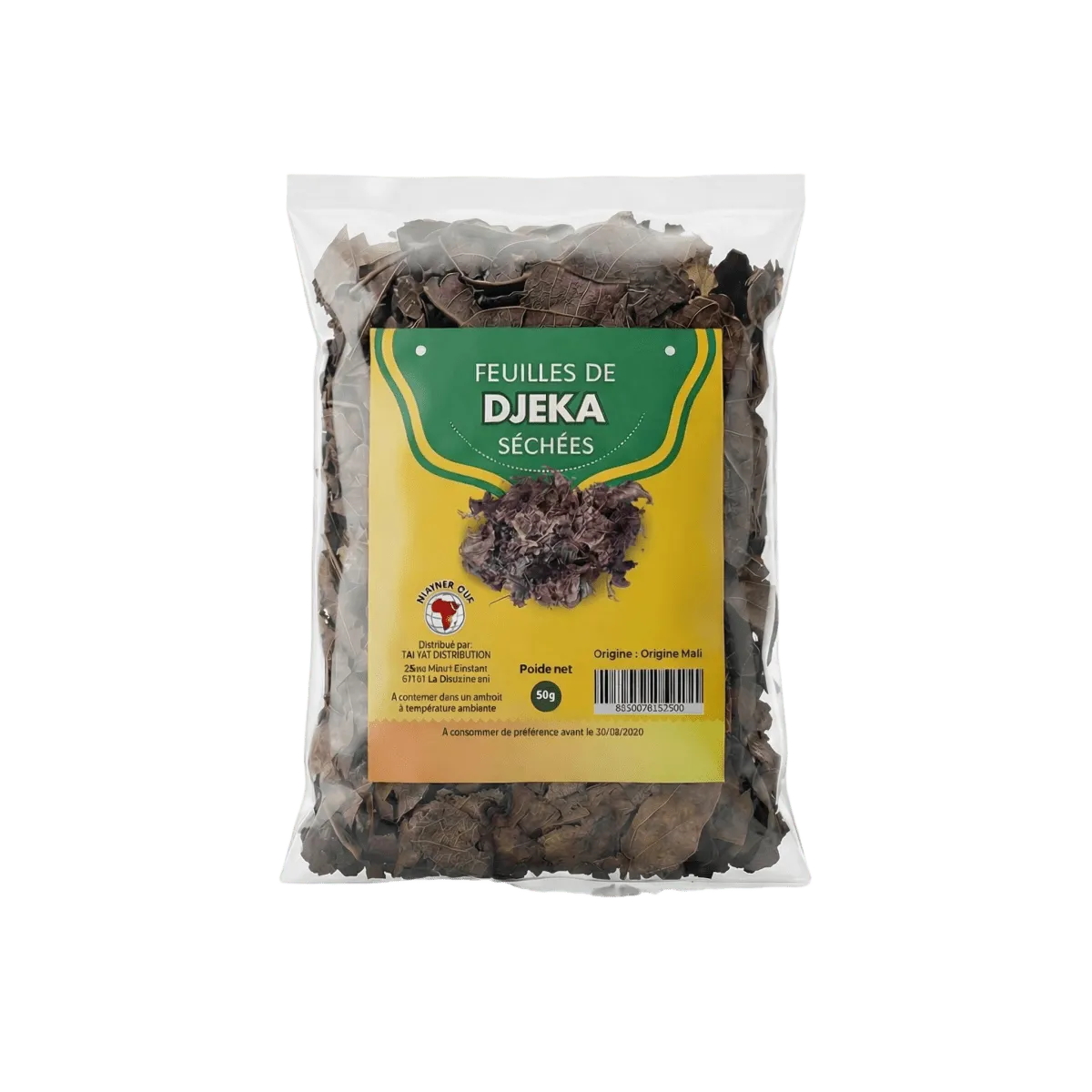 Zakje gedroogde Djeka-bladeren van het merk Niayner, voedingsproduct van 50g.