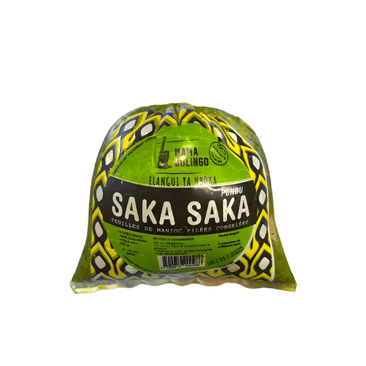 Feuille de manioc pilée Saka Saka surgelée emballée, idéale pour plats africains traditionnels. Produit riche en fibres et prêt à cuisiner.