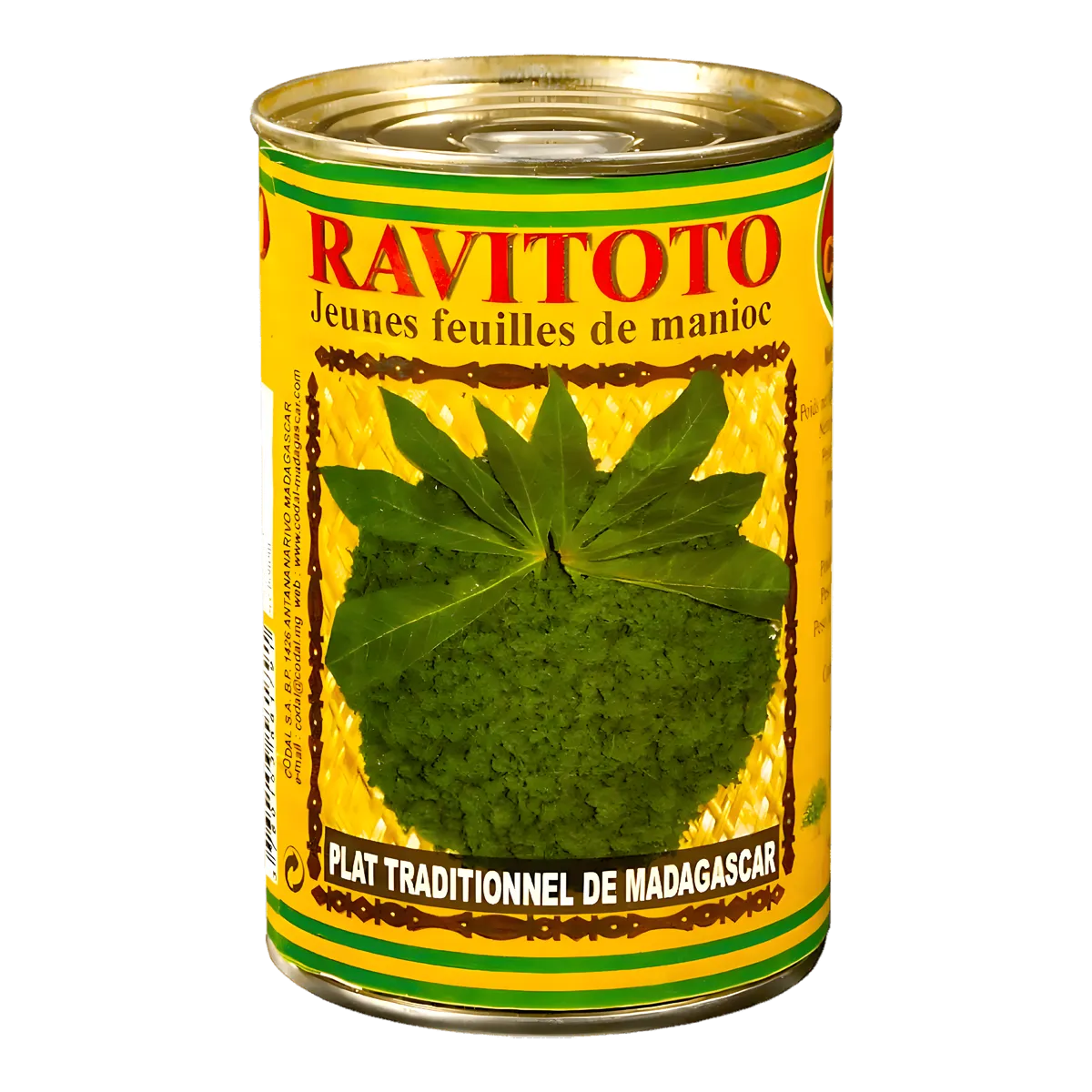Conserve Ravitoto CODAL de feuilles de manioc hachées, spécialité malgache prête à cuisiner. Achat en ligne de feuilles de manioc authentiques.
