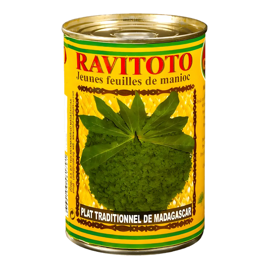 Conserve Ravitoto CODAL de feuilles de manioc hachées, spécialité malgache prête à cuisiner. Achat en ligne de feuilles de manioc authentiques.