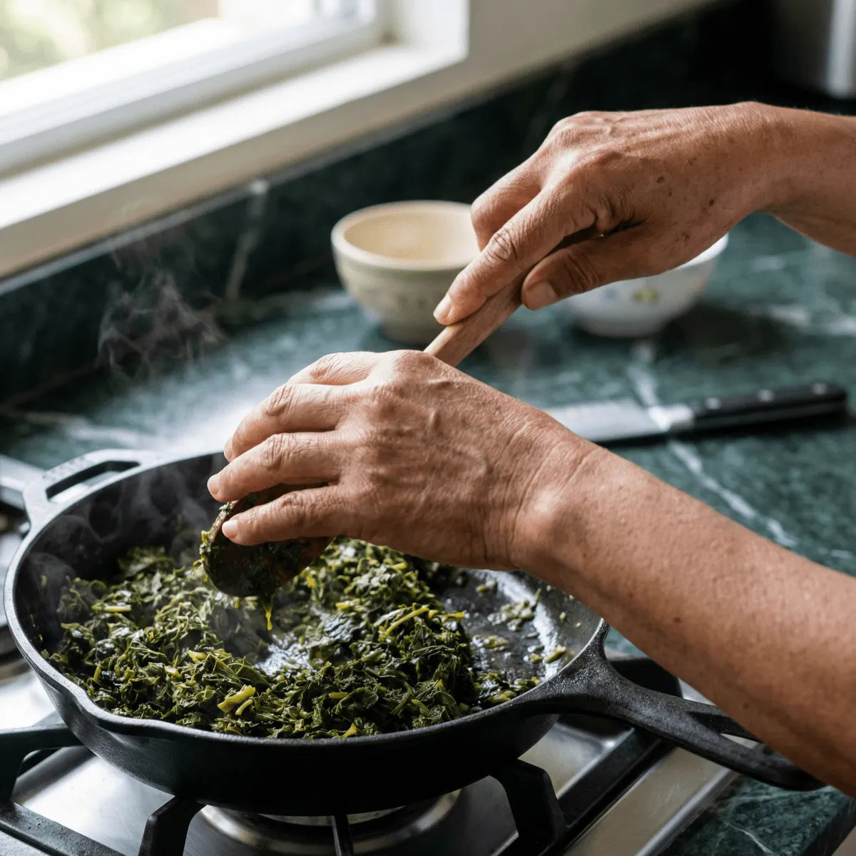 Hoja de yuca RAVITOTO CODAL cocinada en sartén. Mano con espátula. Cocinera.