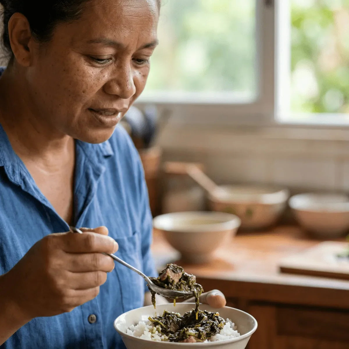 Una mujer disfruta de RAVITOTO CODAL (hoja de yuca, 420g) servido sobre arroz.