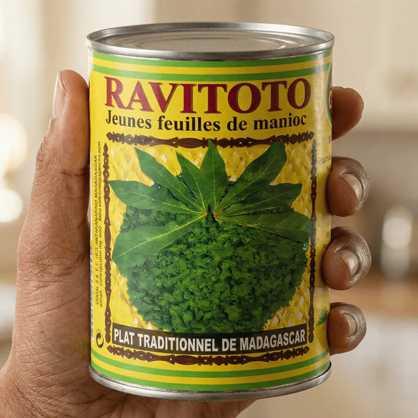 Feuilles de manioc en conserve RAVITOTO de CODAL, présentées sur une étiquette jaune et verte.
