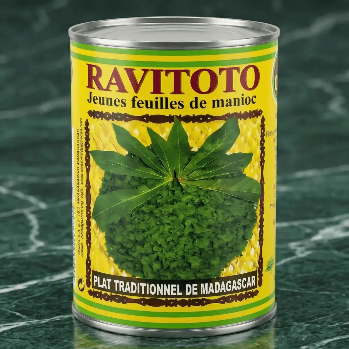 Hojas de yuca RAVITOTO de CODAL, presentadas en lata amarilla con motivo de hojas.