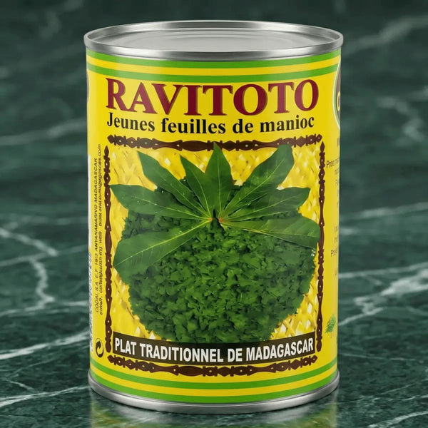 Feuilles de manioc RAVITOTO de CODAL, présentées en conserve jaune avec motif de feuilles.

