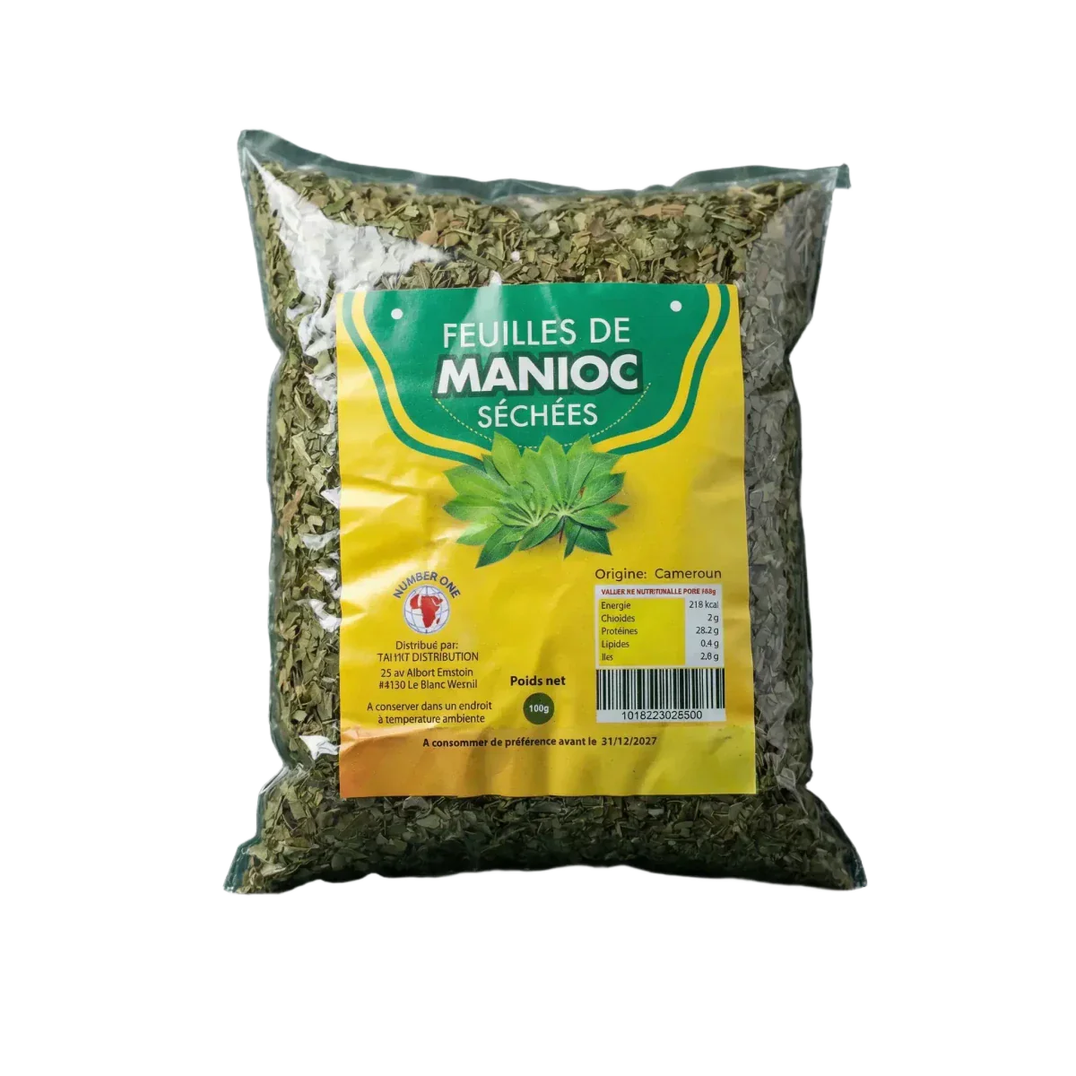 Zak gedroogde cassavebladeren NUMBER ONE. Close-up van de verpakking.