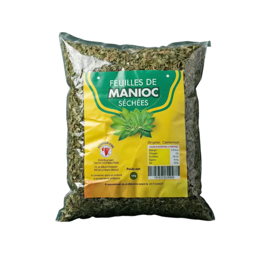 Sachet de feuilles de manioc séchées NUMBER ONE. Gros plan de l'emballage.