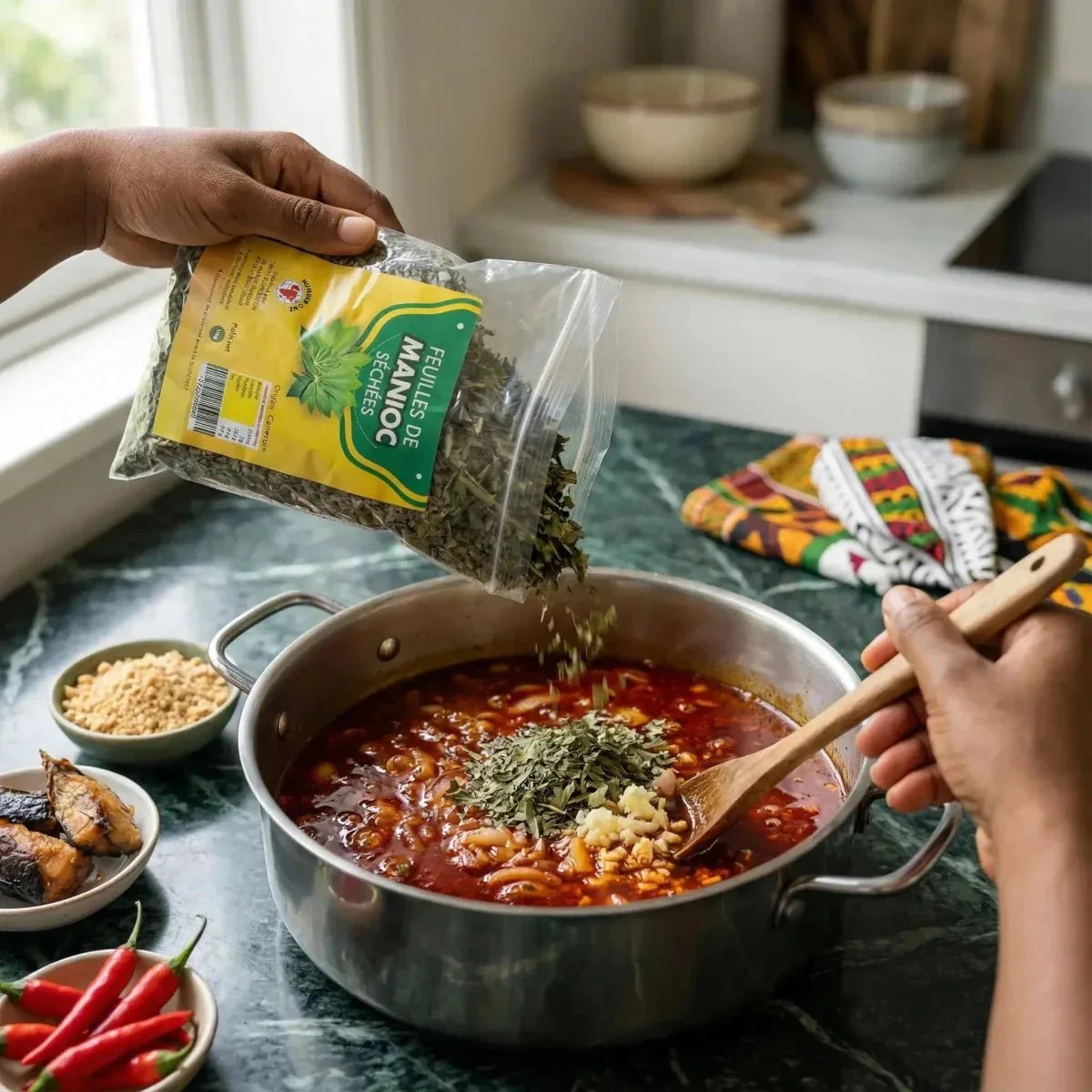 Dried cassava leaves NUMBER ONE (100g) poured into a pot, ingredients nearby.