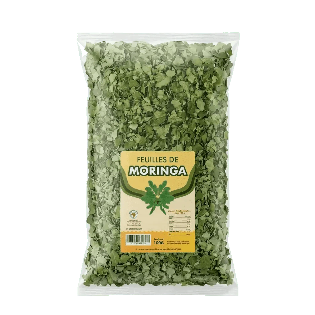 NUMBER ONE Moringabladeren in een transparant zakje. Close-up beelden, gedroogde bladeren.