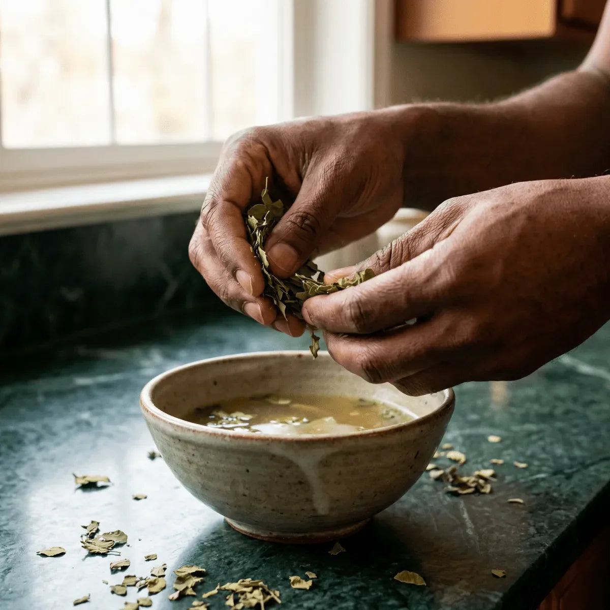 Moringa-blad NUMBER ONE: handen die gedroogde bladeren aan een kom soep toevoegen.