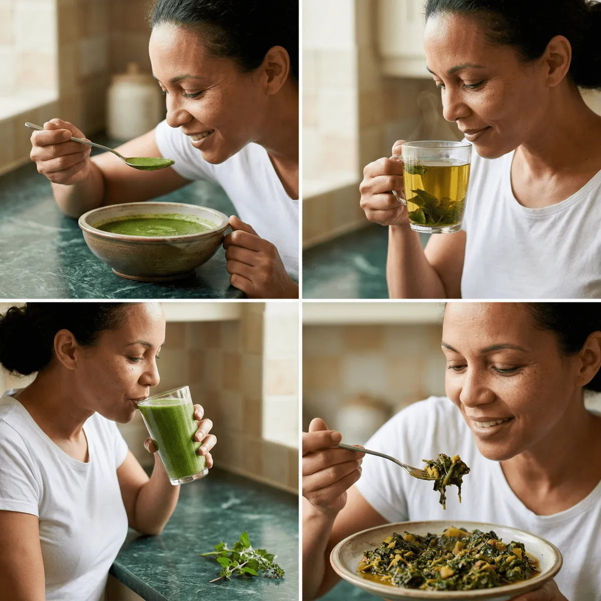 NUMBER ONE - Moringablad, 100g. Vrouw geniet van verschillende gerechten: soep, thee, smoothie.