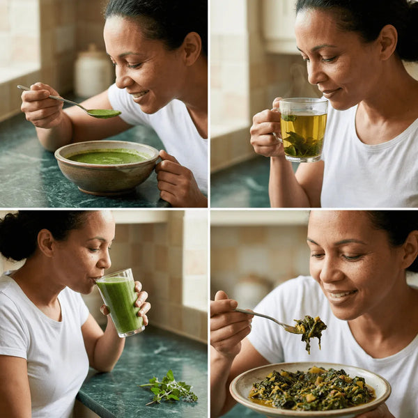 NUMBER ONE - Feuille de Moringa, 100g. Femme savourant différents plats: soupe, thé, smoothie.