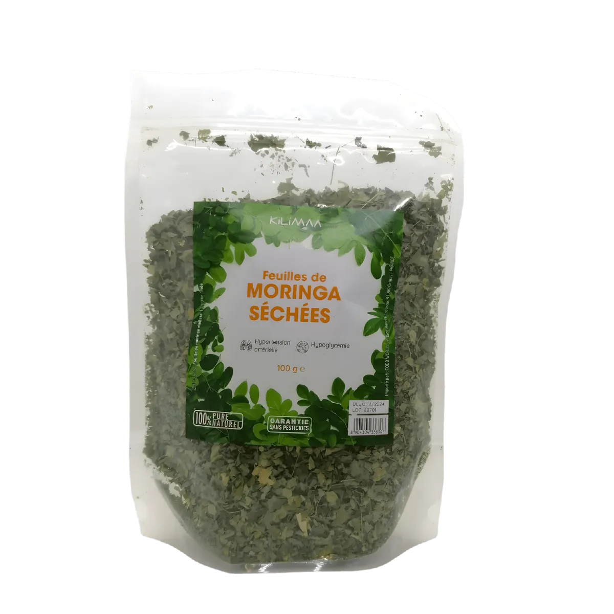 Feuille de Moringa KILIMA en sachet de 100g, infusion naturelle riche en vitamines et minéraux, idéale pour une alimentation saine.