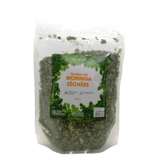 Feuille de Moringa KILIMA en sachet de 100g, infusion naturelle riche en vitamines et minéraux, idéale pour une alimentation saine.