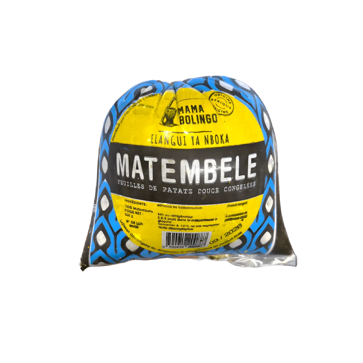 Emballage de feuilles de patate douce Matembele surgelées de la marque Mama Bolingo, riches en nutriments et prêtes à cuisiner.