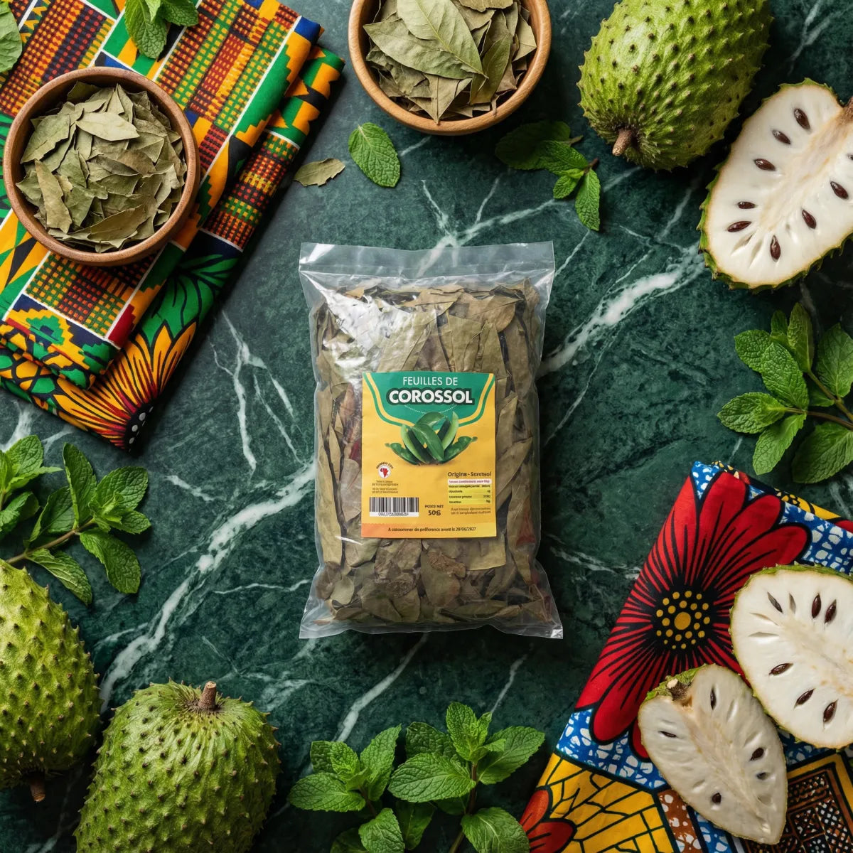 Blad van zuurzak NUMBER ONE - 50g. Geëtaleerd met gedroogde bladeren, zuurzak.