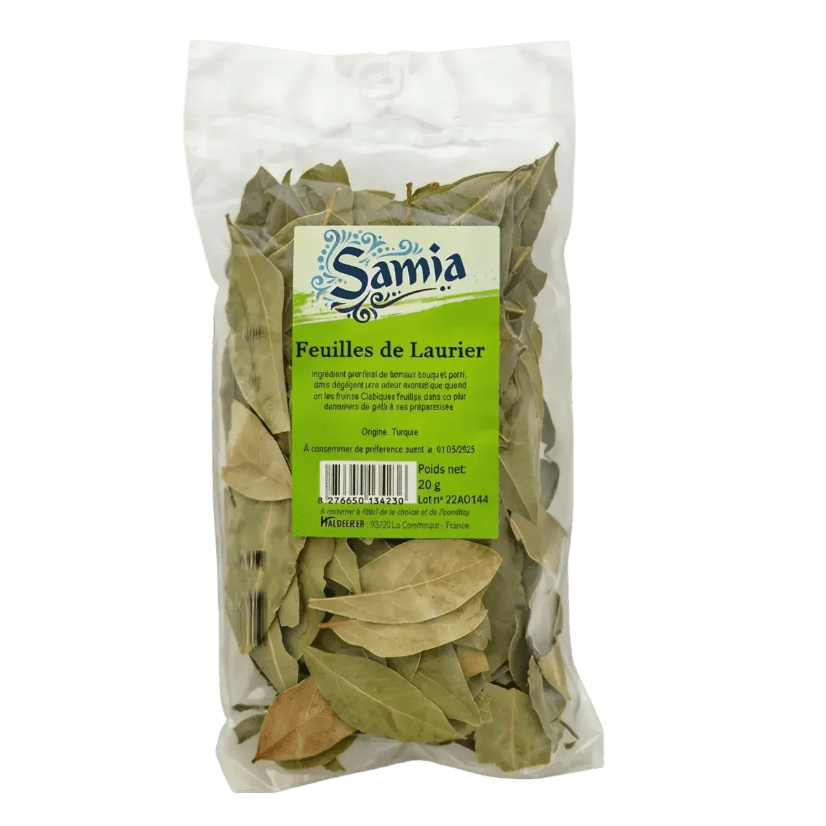 Zakje laurierblaadjes SAMIA, culinaire specerij op effen achtergrond.