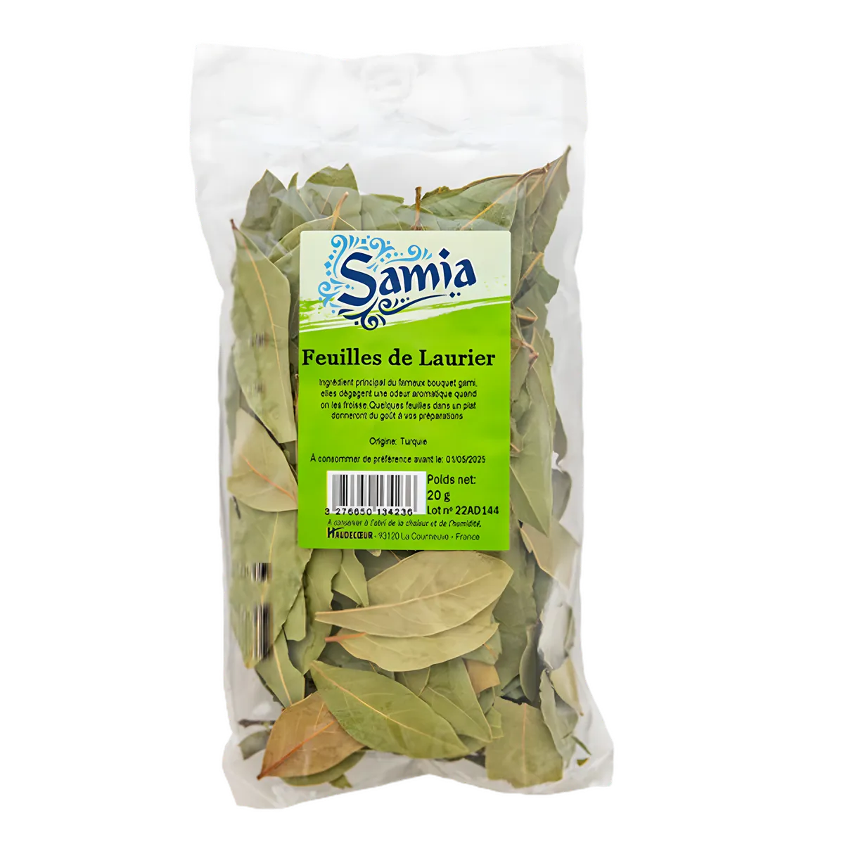 Feuilles de laurier SAMIA - Laurier séché en sachet de 20g, parfait pour assaisonner plats mijotés et sauces avec une saveur parfumée.