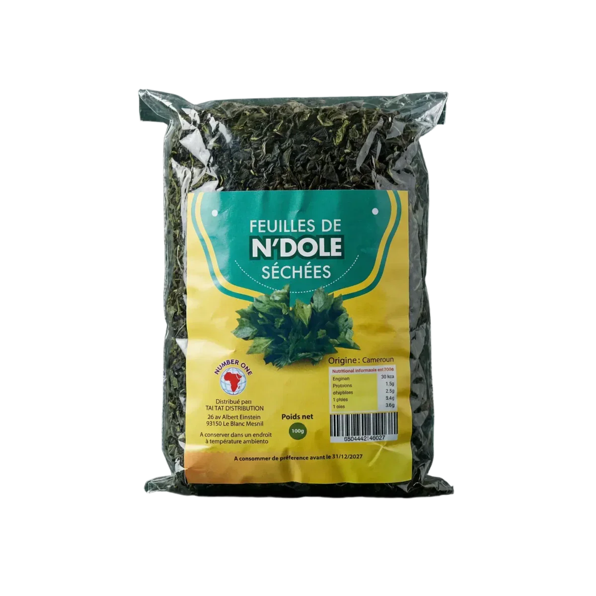 Pak gedroogde Ndolé-bladeren NUMBER ONE (100g). Close-up van de productverpakking.