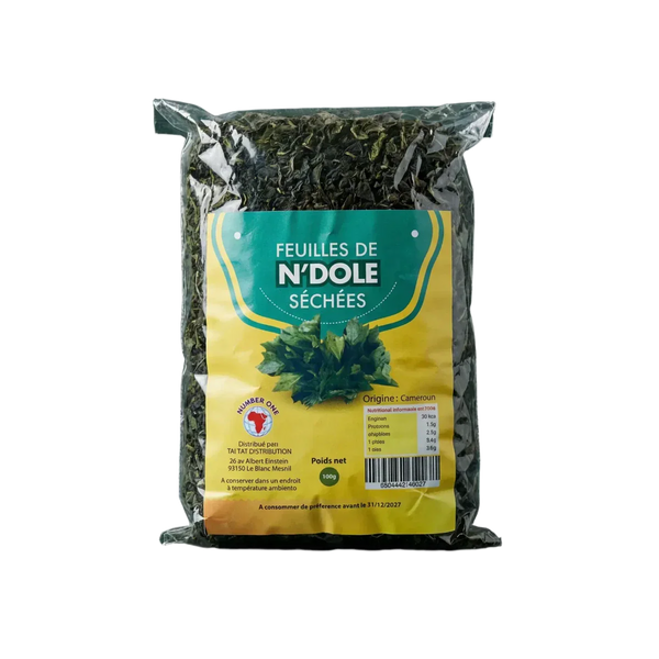 Paquet de feuilles de Ndolé séchées NUMBER ONE (100g). Gros plan sur l'emballage du produit.