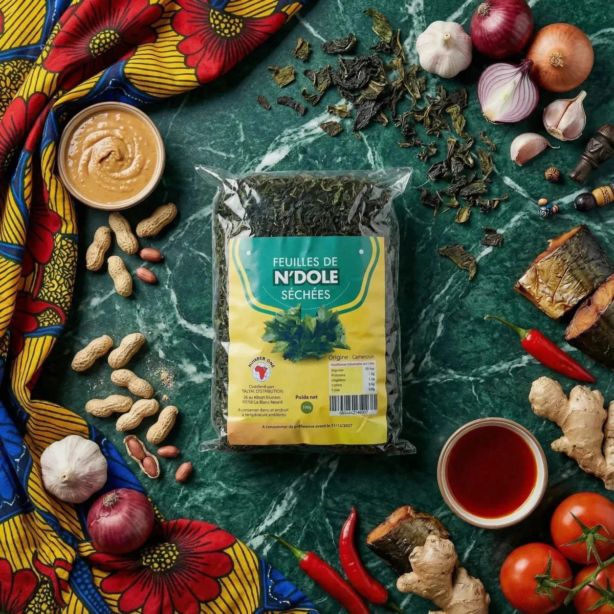 Dried Ndolé Leaves NUMBER ONE (100g) with ingredients: peanuts, tomatoes, onions.
