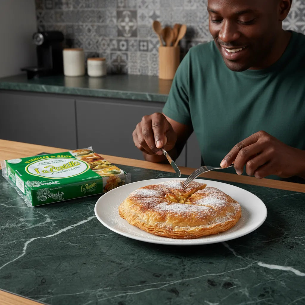 Feuilles de brick LA PASTILLA utilisées pour une pastilla sucrée-salée, texture légère et croustillante, parfaites pour plats faits maison.