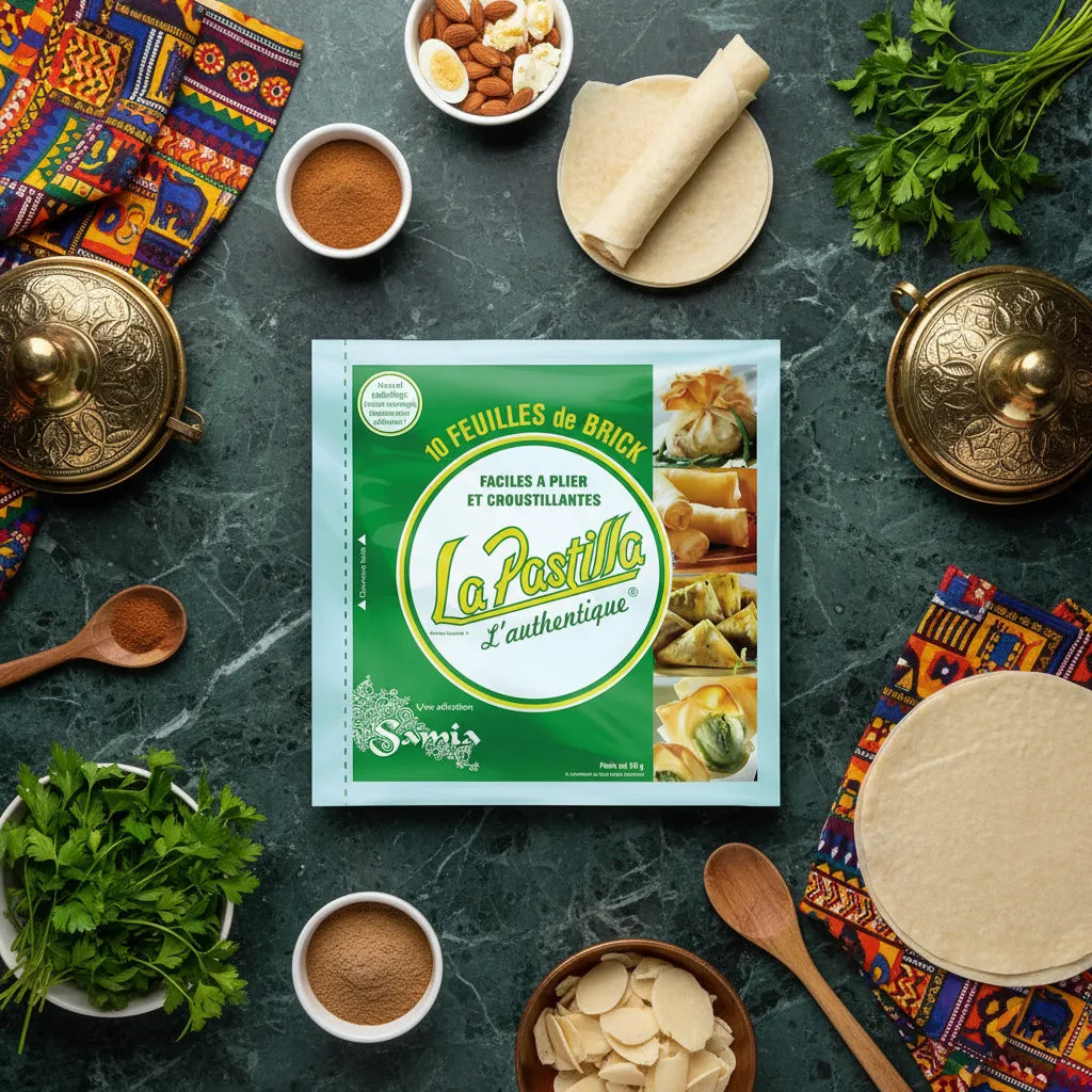 Feuilles de brick LA PASTILLA entourées d’ingrédients frais, parfaites pour cuisine créative et recettes croustillantes en épicerie salée.