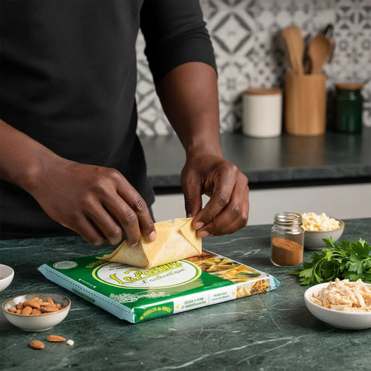Préparation culinaire avec feuilles de brick LA PASTILLA, souples et faciles à plier, idéales pour recettes maison en épicerie salée.