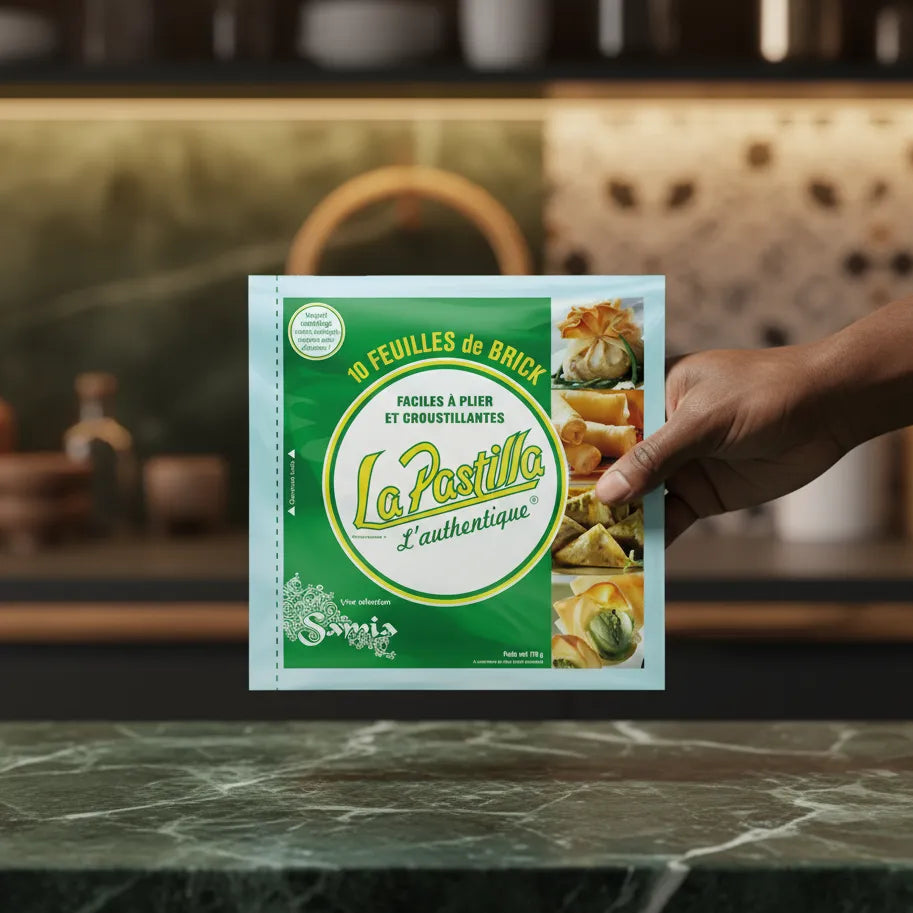 Feuilles de brick LA PASTILLA tenues à la main, emballage pratique de 10 feuilles souples pour cuisine rapide et savoureuse.