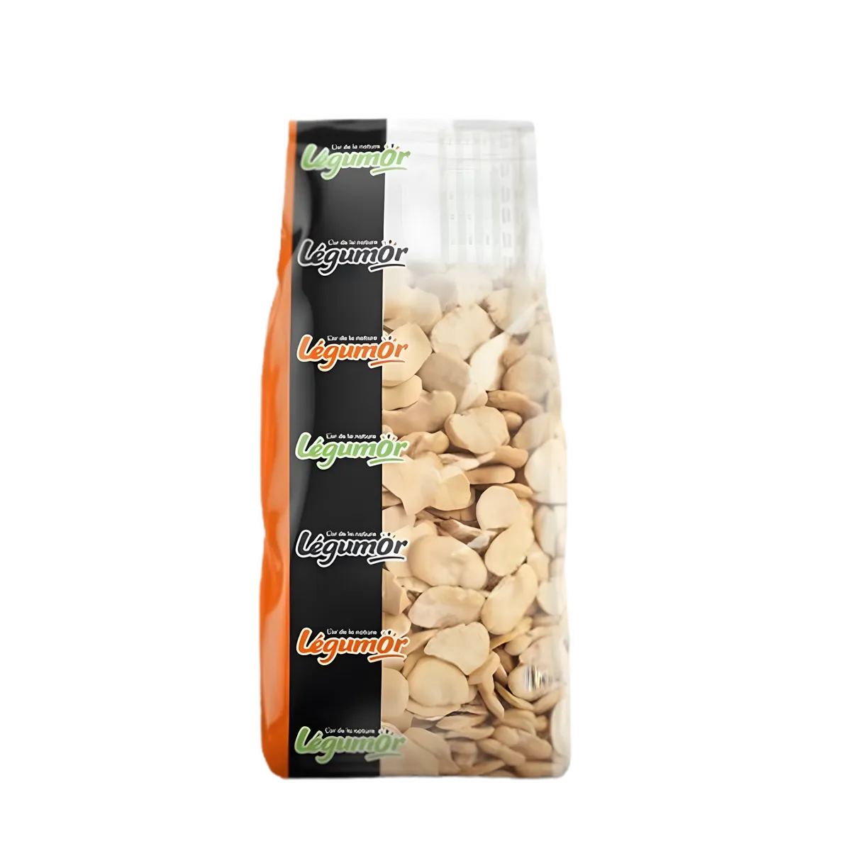 Fevettes décortiquées LEGUMOR en sachet transparent, surgelées et prêtes à cuisiner, idéales pour plats sains et riches en nutriments.