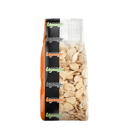 Fevettes décortiquées LEGUMOR en sachet transparent, surgelées et prêtes à cuisiner, idéales pour plats sains et riches en nutriments.
