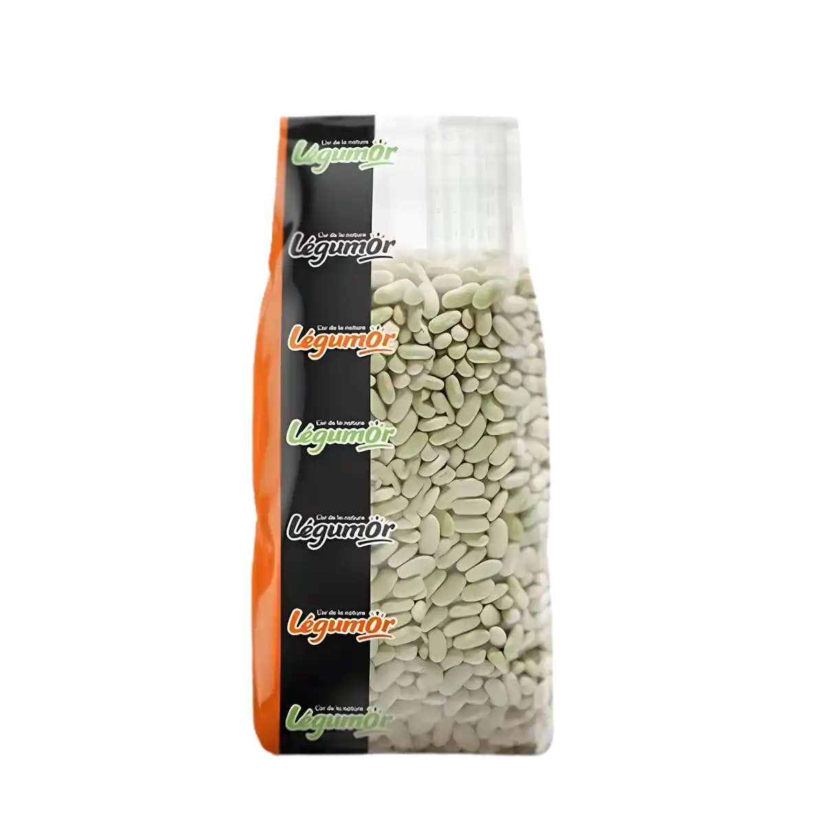 Flageolet vert LEGUMOR en sachet transparent, idéal pour recettes savoureuses. Texture tendre et goût subtil pour plats chauds ou froids.