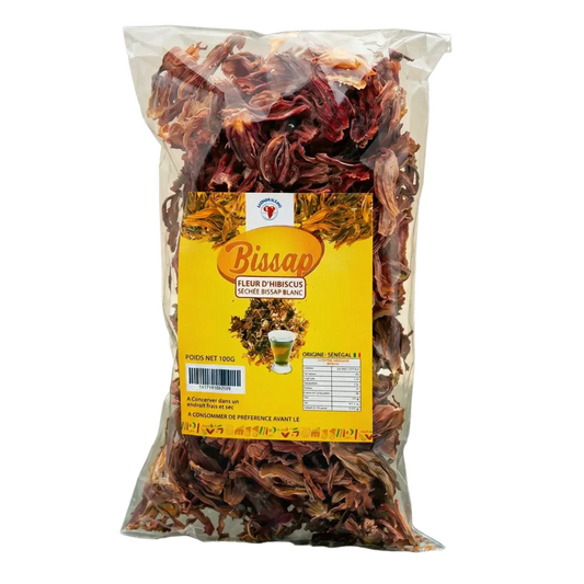 Zak gedroogde hibiscusbloemen Bissap, merk Stade Slaing. Close-up van de gele verpakking.