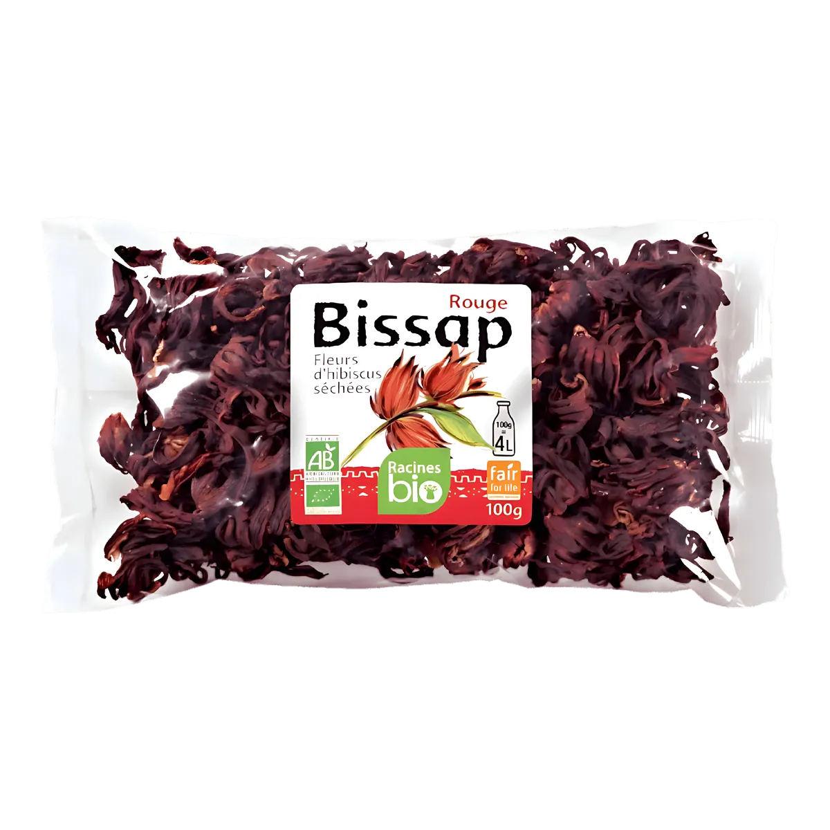 Fleur Hibiscus Bio Séchée - Rouge BIO RACINES en sachet de 100g, infusion naturelle certifiée bio issue d'Afrique de l'Ouest.