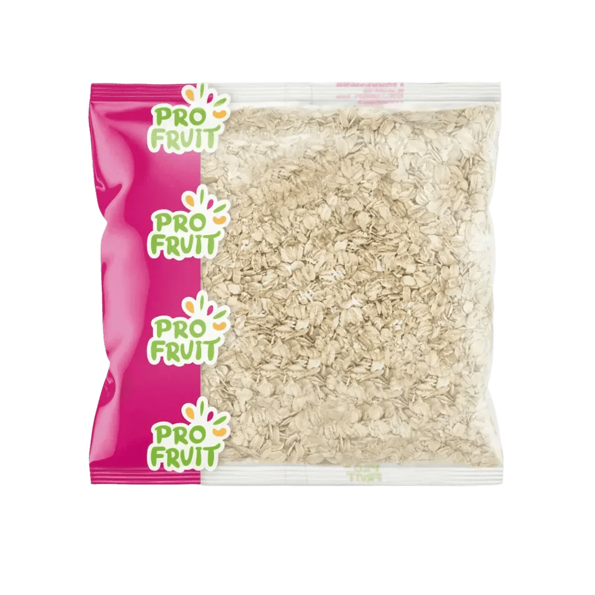 PROFRUIT oat flakes in a 500g bag. Two-tone pink and transparent packaging.