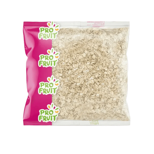 PROFRUIT oat flakes in a 500g bag. Two-tone pink and transparent packaging.