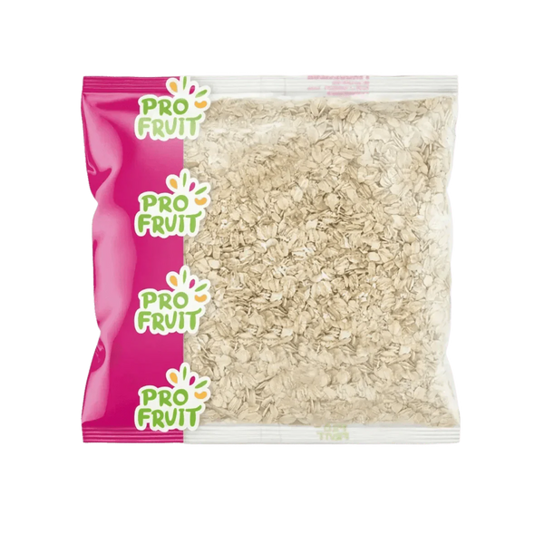 Flocons d’avoine PROFRUIT en sachet de 500g. Emballage bicolore rose et transparent.