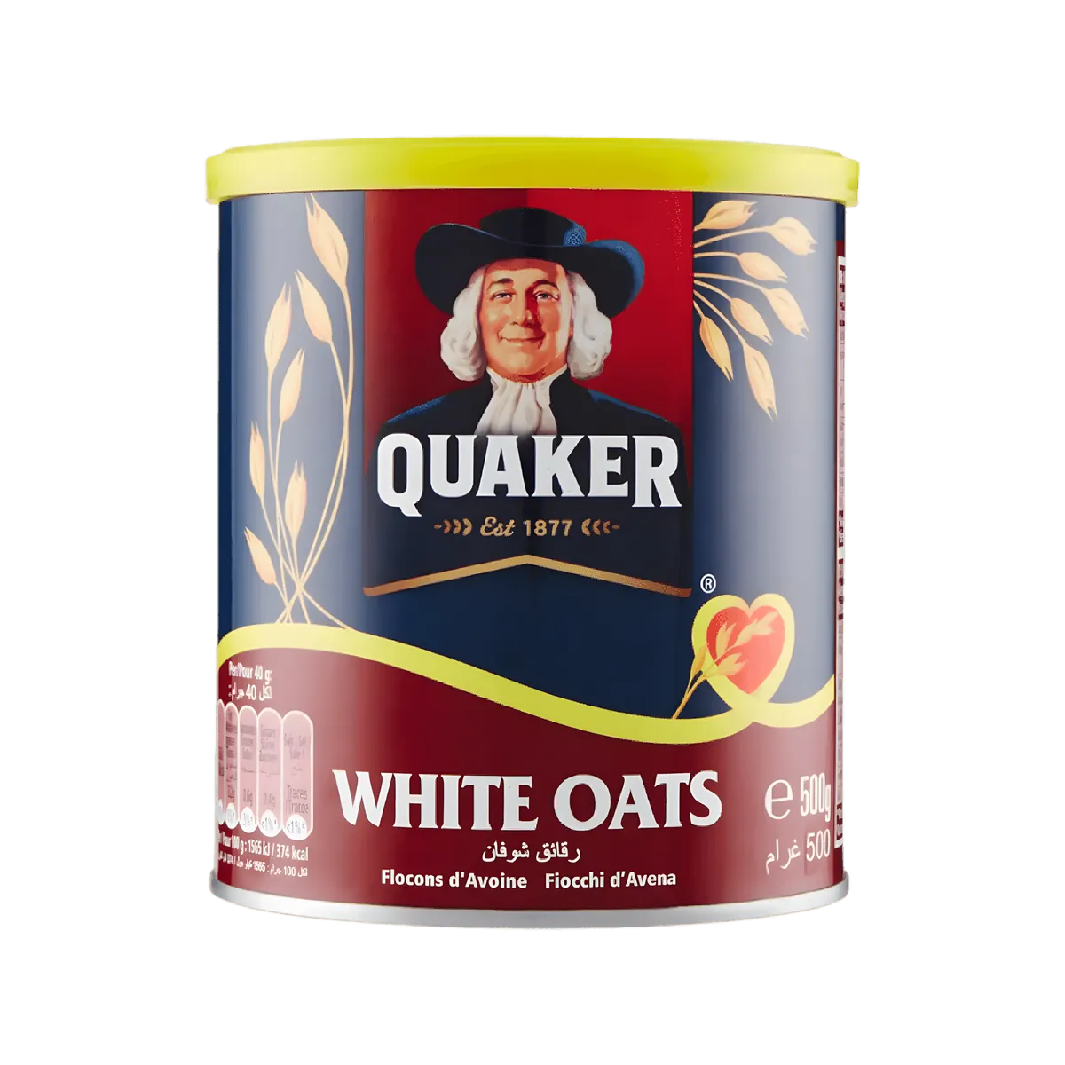 Boîte de flocons d'avoine QUAKER 500g, idéale pour un petit-déjeuner équilibré. Emballage coloré avec logo emblématique et informations nutritionnelles.