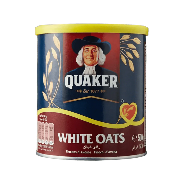 Boîte de flocons d'avoine Quaker White Oats, format 500g. Le logo.