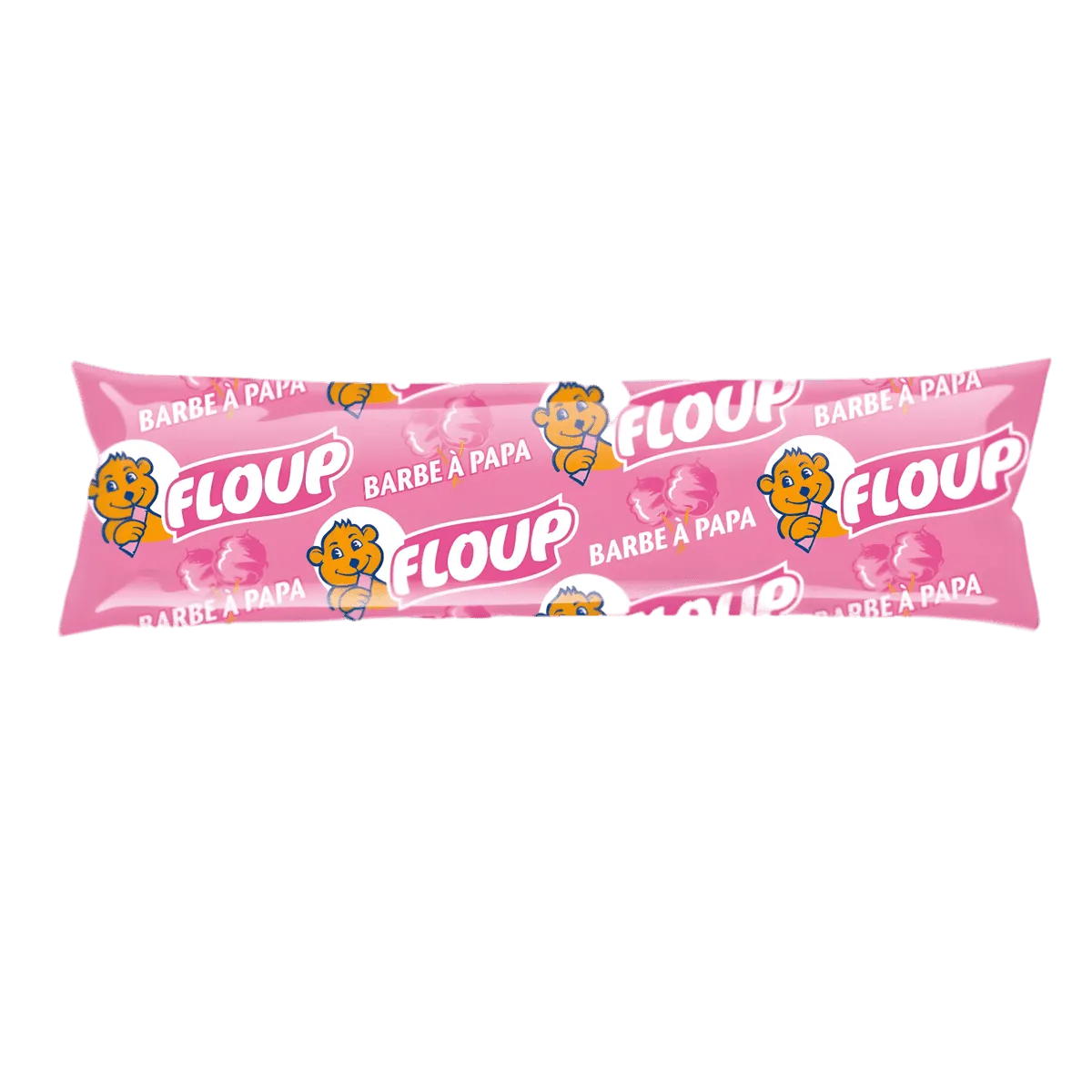 Floup barbe à papa en emballage rose avec logo amusant, friandise sucrée de l'épicerie sucrée NKOSI, idéale pour desserts glacés festifs.