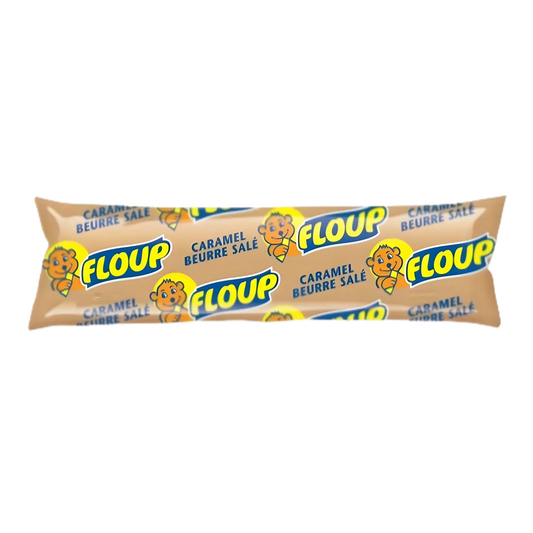 Floup Caramel Beurre Salé - Glace en bâtonnet onctueuse à l'emballage marron illustré, idéale pour l'épicerie sucrée et les desserts glacés.