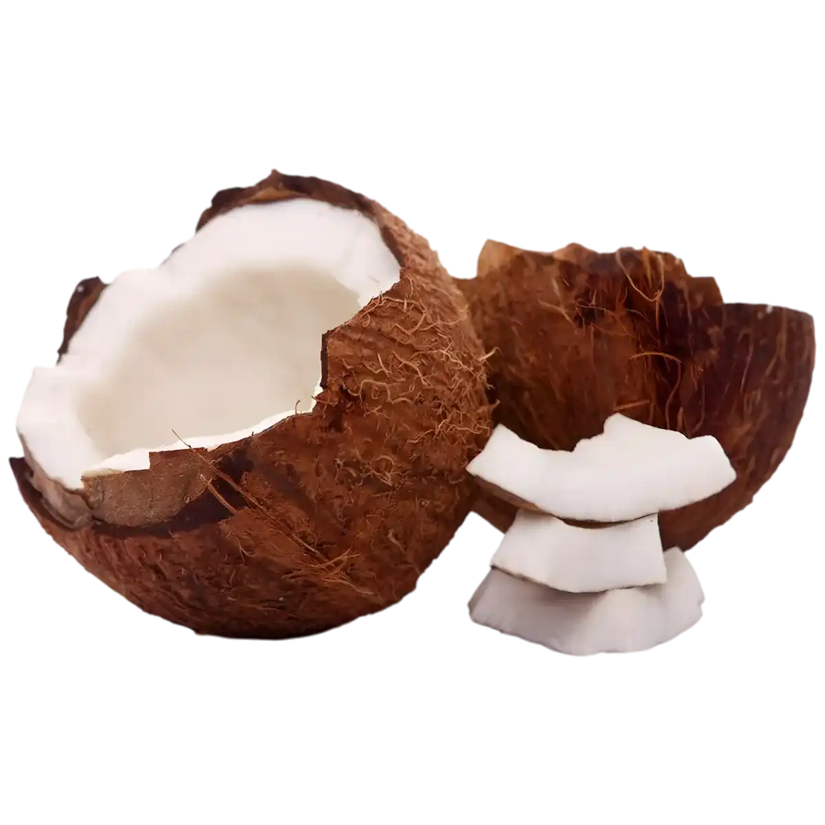 Noix de coco ouverte avec morceaux visibles, ingrédient principal de la glace Floup coco, dessert glacé de l'épicerie sucrée.