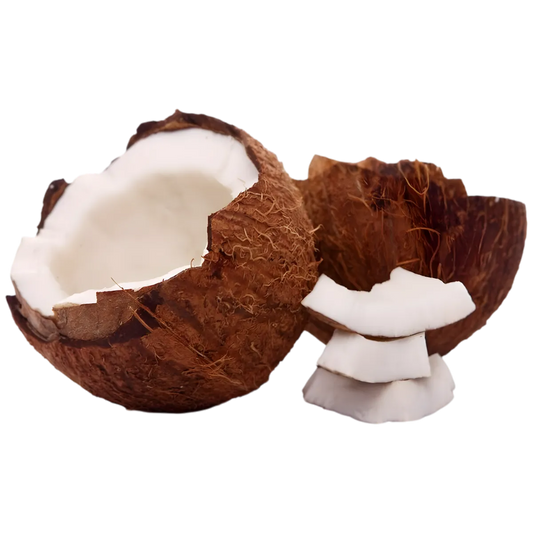 Noix de coco fraîche ouverte avec morceaux, ingrédient principal du Floup coco - Glace Noix de Coco Bâtonnet onctueuse.
