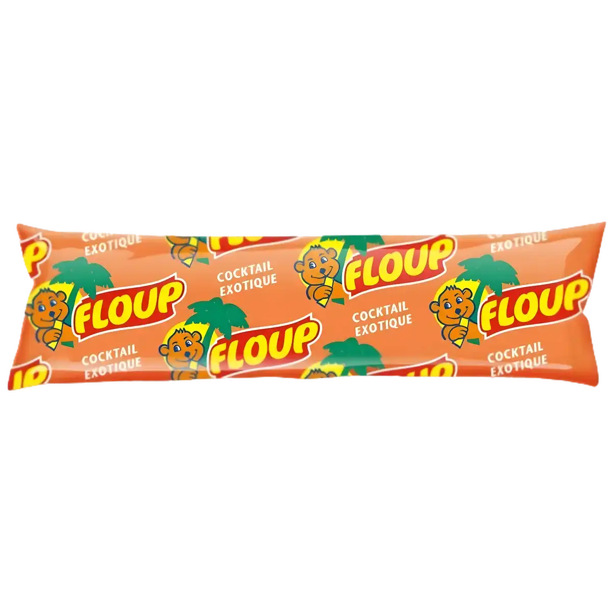 Berlingot glacé Floup exotique saveur cocktail tropical, emballage orange avec illustrations de fruits et palmiers, épicerie sucrée antillaise.