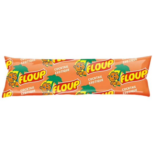 Berlingot glacé Floup exotique saveur cocktail tropical, emballage orange avec illustrations de fruits et palmiers, épicerie sucrée antillaise.