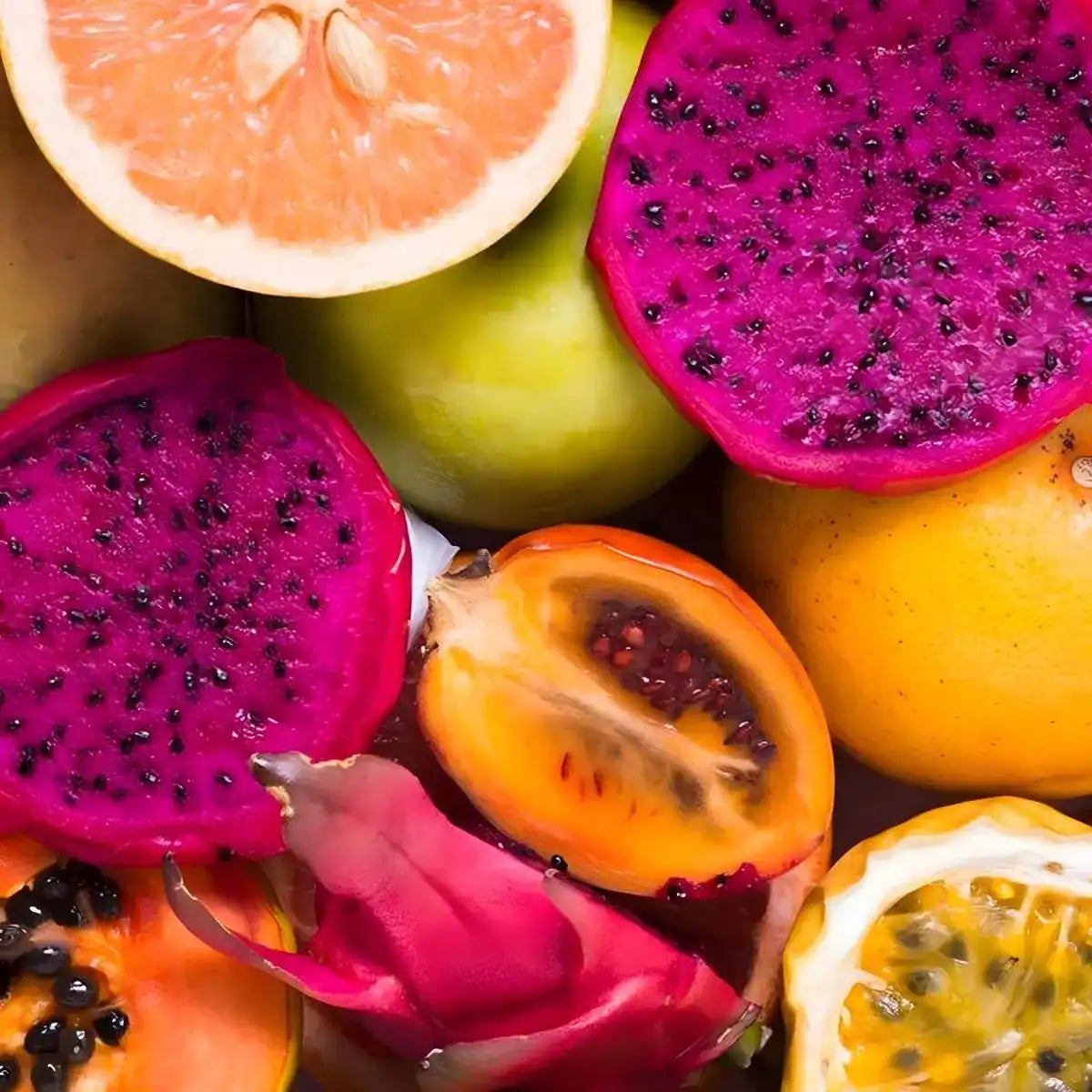 Fruits tropicaux frais comme pitaya, fruit de la passion et pamplemousse, ingrédients de la glace Floup exotique. Saveurs naturelles glacées.